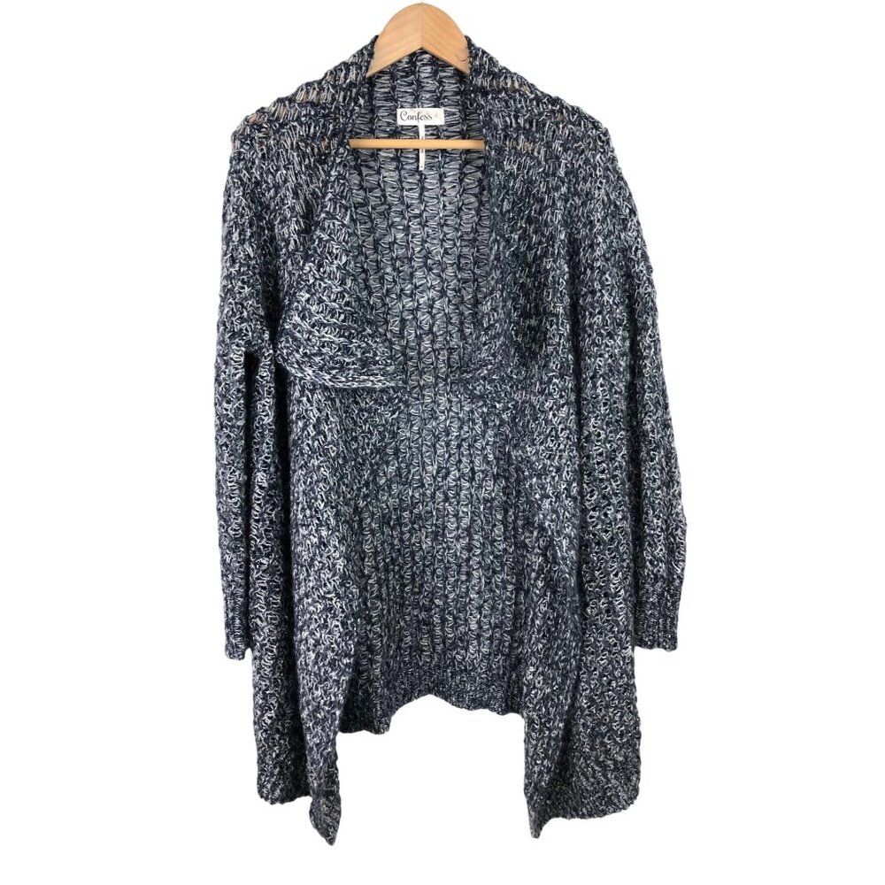 Confess Womens Size Medium Blue & White Cardigan Sweater Cable Knit Long Open